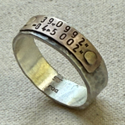 Sterling silver and copper hammered latitude longitude ring for men or women - drake designs jewelry