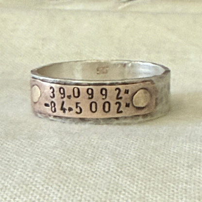 Sterling silver and copper hammered latitude longitude ring for men or women - drake designs jewelry