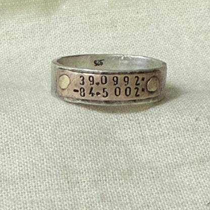 Sterling silver and copper hammered latitude longitude ring for men or women - drake designs jewelry