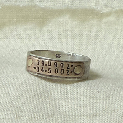 Sterling silver and copper hammered latitude longitude ring for men or women - drake designs jewelry