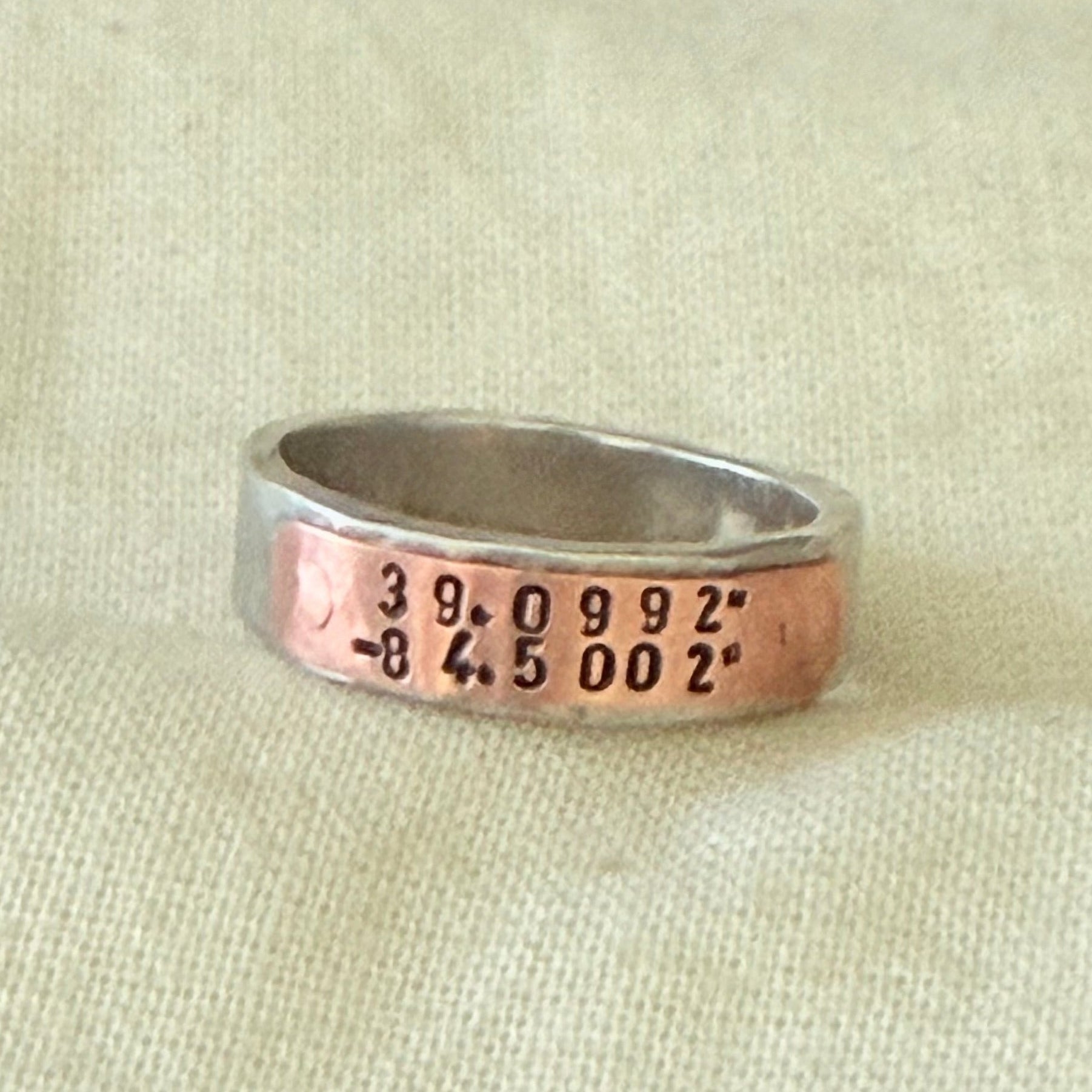 silver and copper hammered latitiude longitude ring for men or women - drake designs jewelry