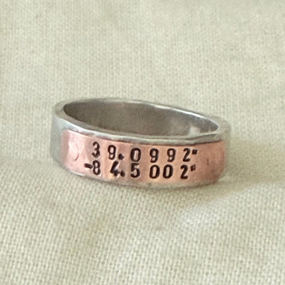 Latitude and Longitude Custom Coordinates Ring - Personalized Hammered Mixed Metal Riveted Ring
