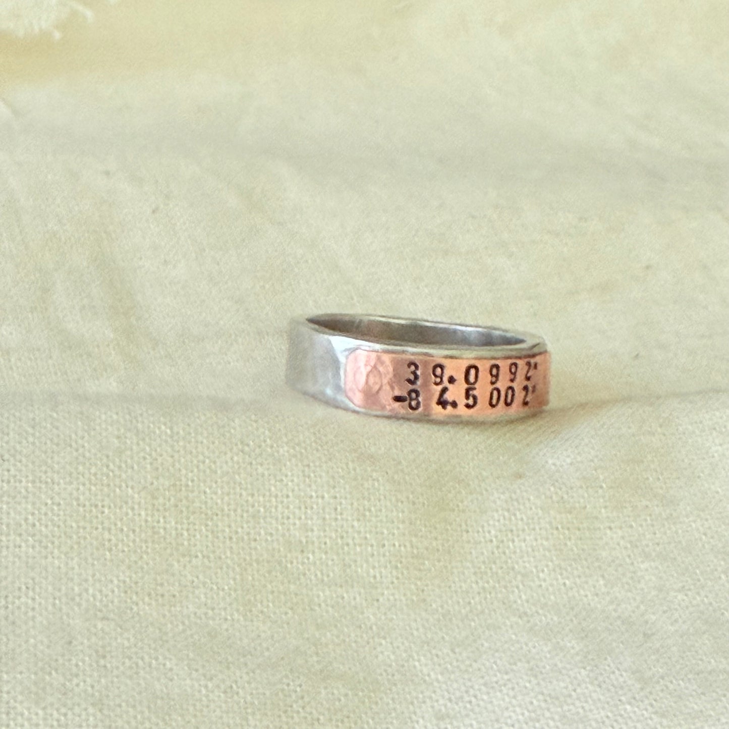 silver and copper hammered latitiude longitude ring for men or women - drake designs jewelry