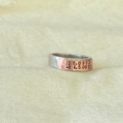 silver and copper hammered latitiude longitude ring for men or women - drake designs jewelry