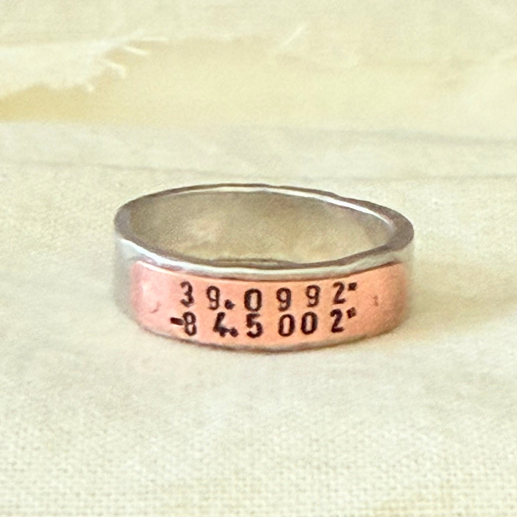 silver and copper hammered latitiude longitude ring for men or women - drake designs jewelry
