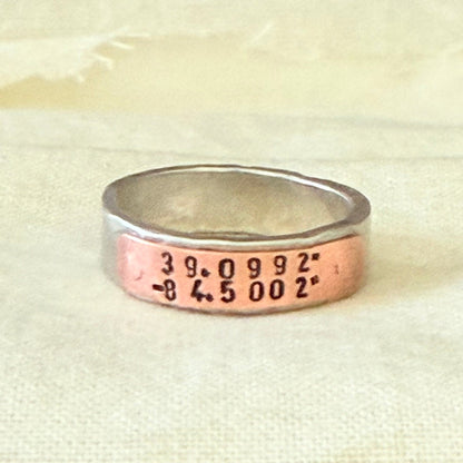 silver and copper hammered latitiude longitude ring for men or women - drake designs jewelry