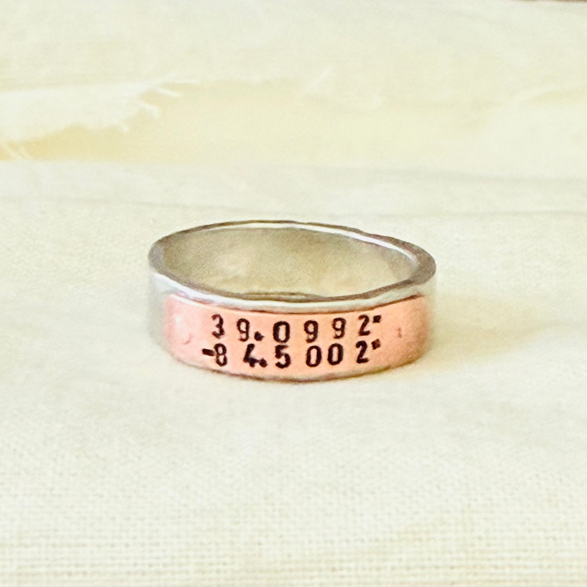 silver and copper hammered latitiude longitude ring for men or women - drake designs jewelry