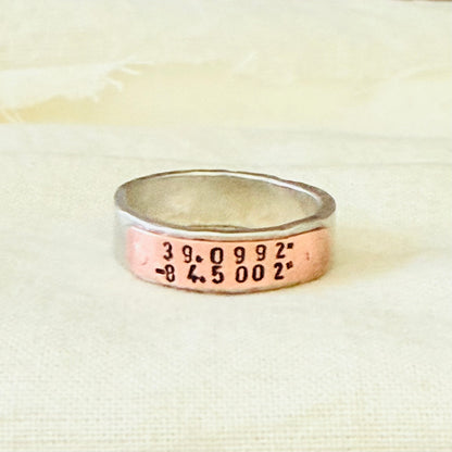 silver and copper hammered latitiude longitude ring for men or women - drake designs jewelry