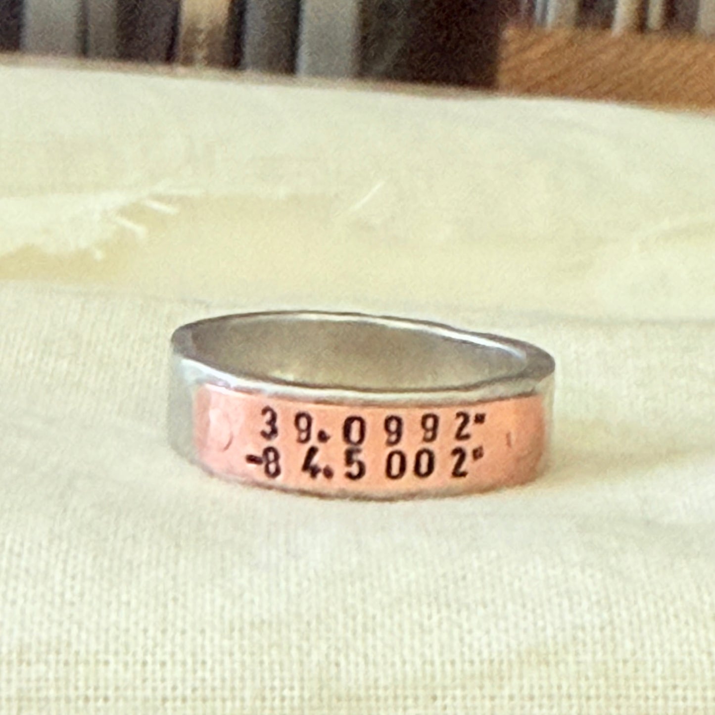silver and copper hammered latitiude longitude ring for men or women - drake designs jewelry