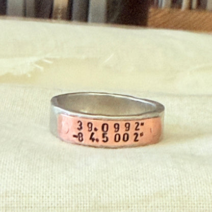 silver and copper hammered latitiude longitude ring for men or women - drake designs jewelry