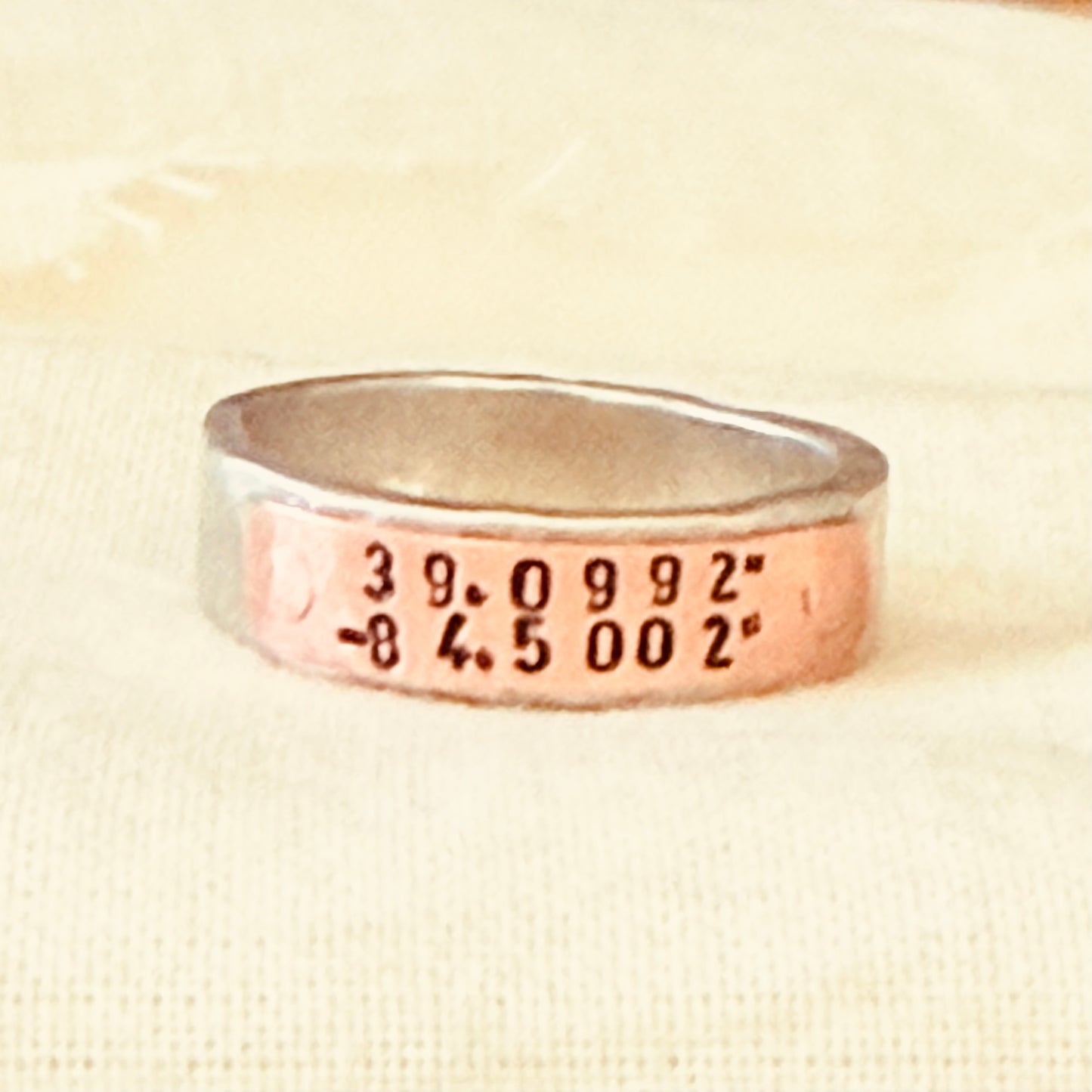 silver and copper hammered latitiude longitude ring for men or women - drake designs jewelry