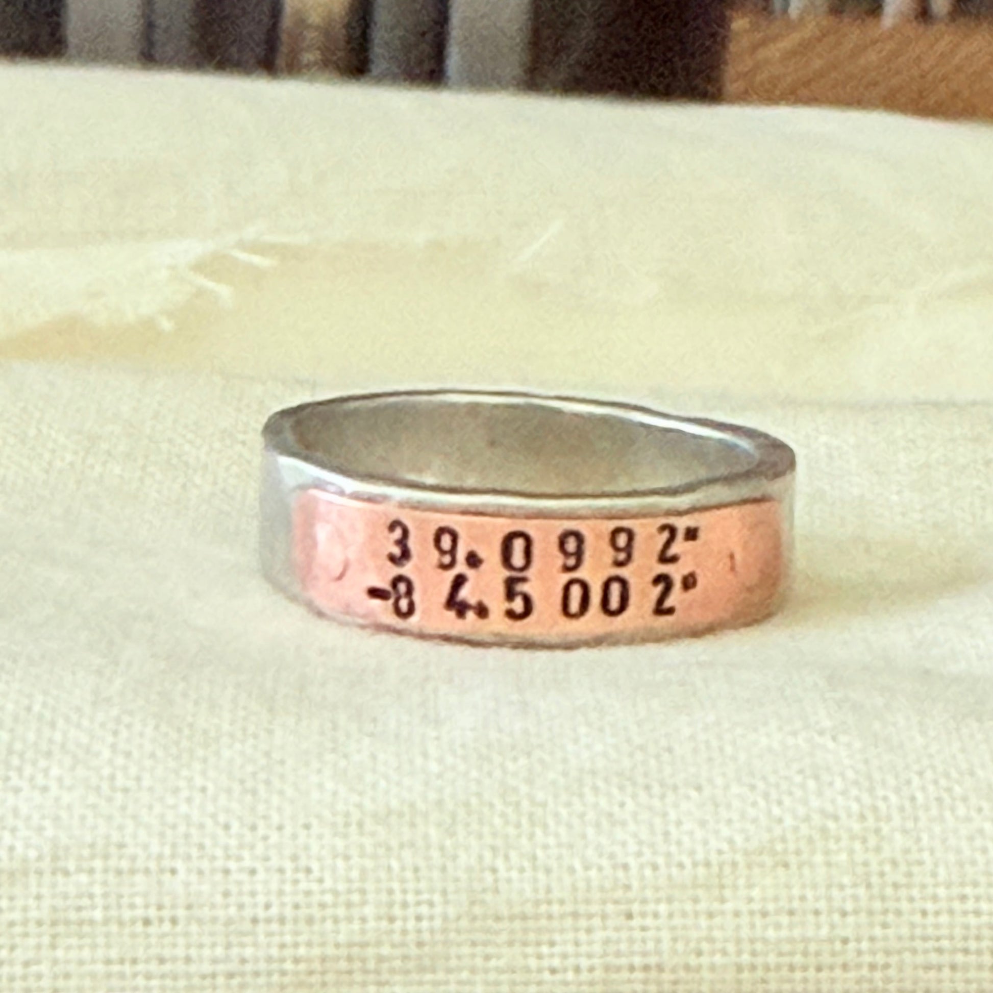 silver and copper hammered latitiude longitude ring for men or women - drake designs jewelry