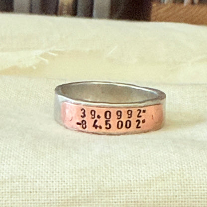 silver and copper hammered latitiude longitude ring for men or women - drake designs jewelry