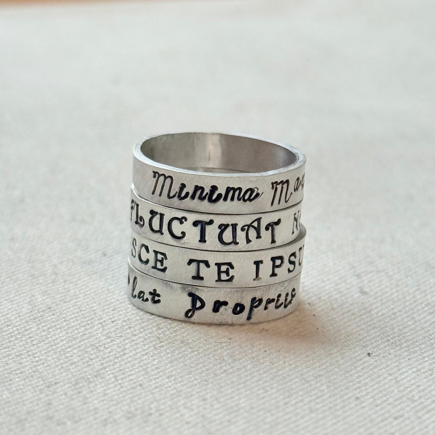 Sterling silver Poesy, Posy, Posey or Posie rings for mom with kids' names or mantra are hand stamped in font of your choice - drake designs jewelry