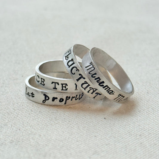 Sterling silver Poesy, Posy, Posey or Posie rings for mom with kids' names or mantra are hand stamped in font of your choice - drake designs jewelry