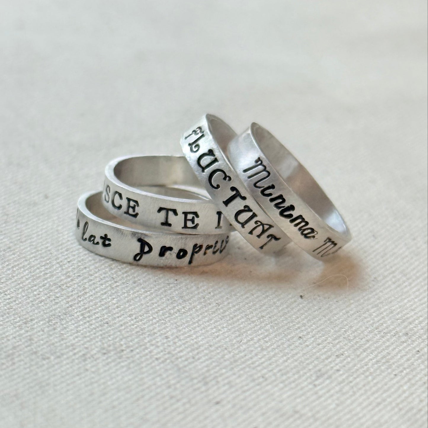 Sterling silver Poesy, Posy, Posey or Posie rings for mom with kids' names or mantra are hand stamped in font of your choice - drake designs jewelry
