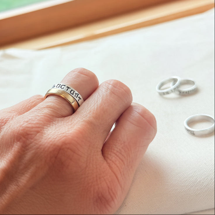 Sterling silver Poesy, Posy, Posey or Posie rings for mom with kids' names or mantra are hand stamped in font of your choice - drake designs jewelry