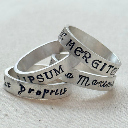 Sterling silver Poesy, Posy, Posey or Posie rings for mom with kids' names or mantra are hand stamped in font of your choice - drake designs jewelry