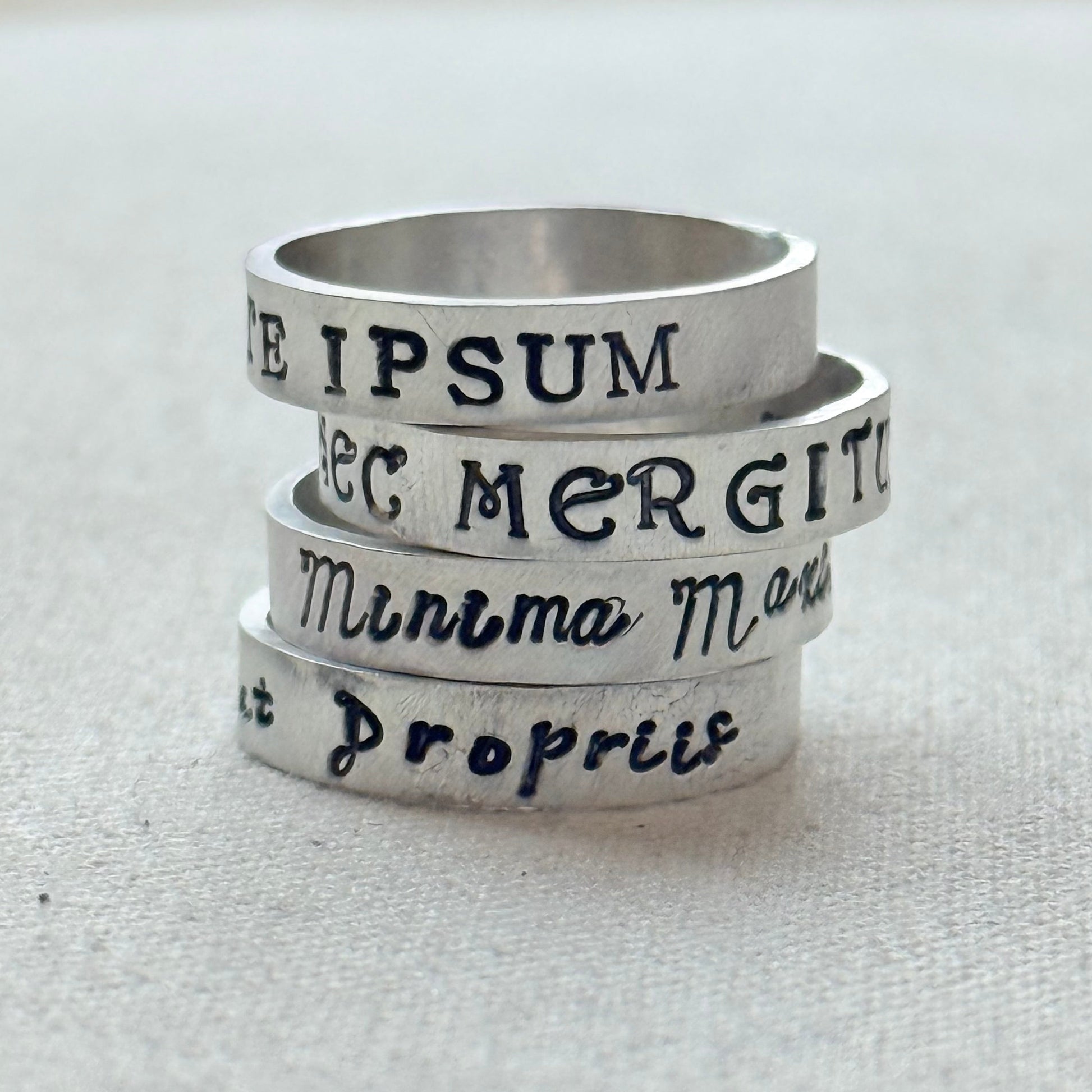Sterling silver Poesy, Posy, Posey or Posie rings for mom with kids' names or mantra are hand stamped in font of your choice - drake designs jewelry