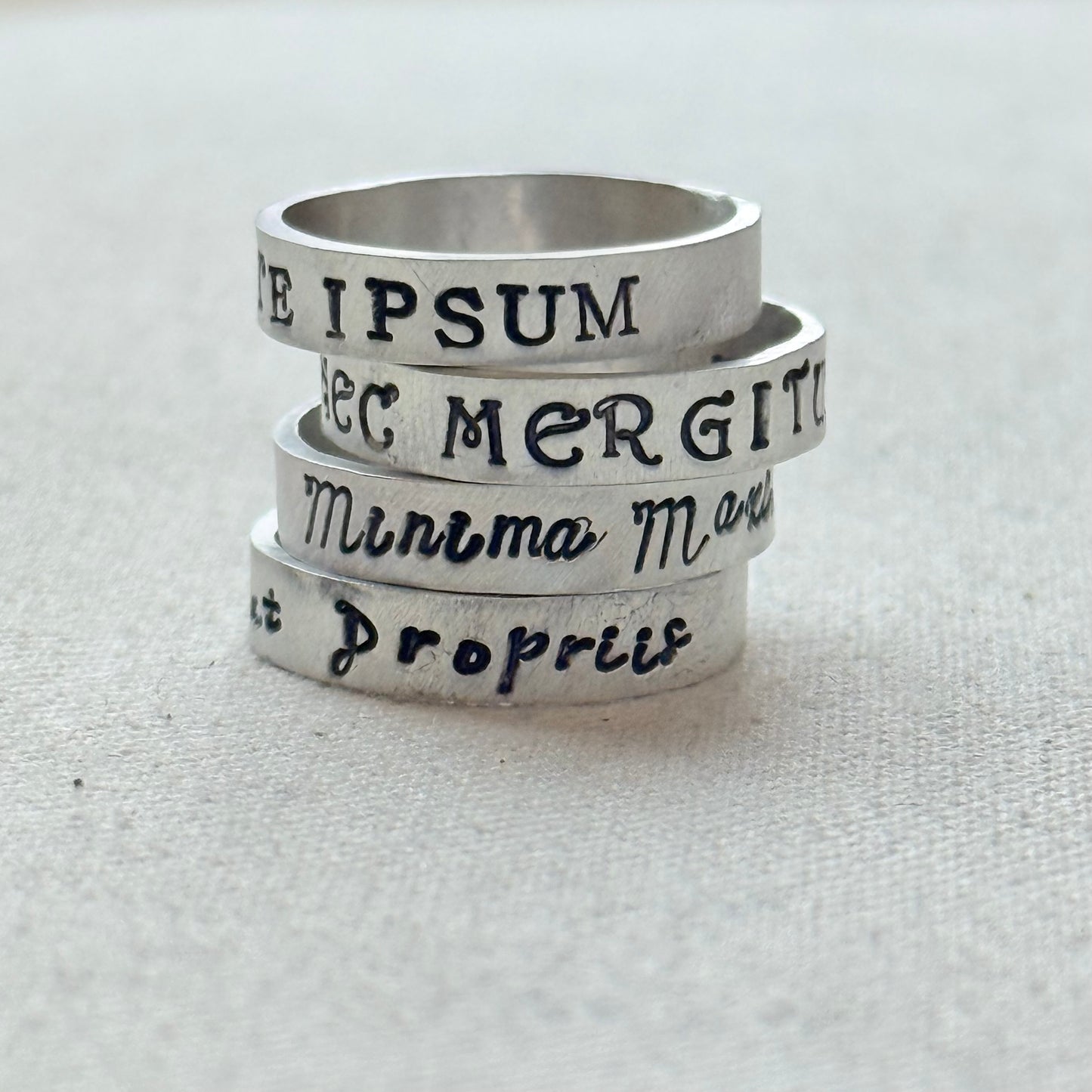 Sterling silver Poesy, Posy, Posey or Posie rings for mom with kids' names or mantra are hand stamped in font of your choice - drake designs jewelry