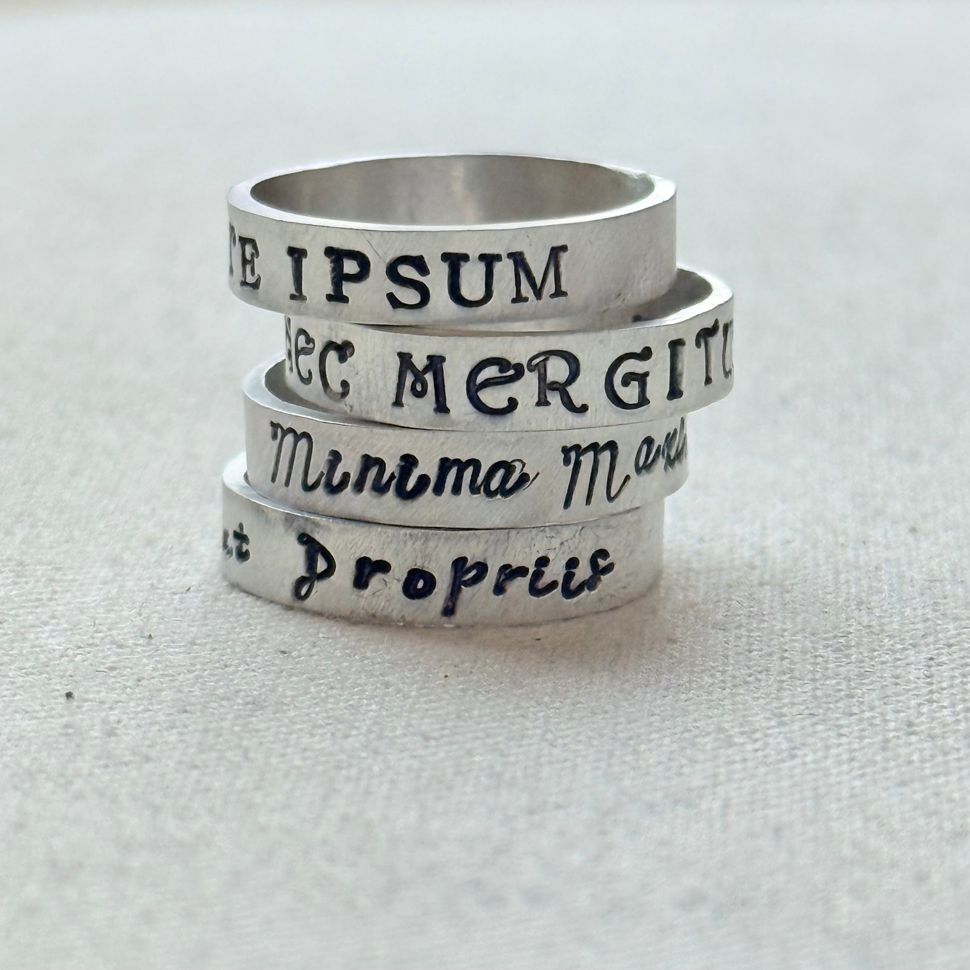 Sterling silver Poesy, Posy, Posey or Posie rings for mom with kids' names or mantra are hand stamped in font of your choice - drake designs jewelry