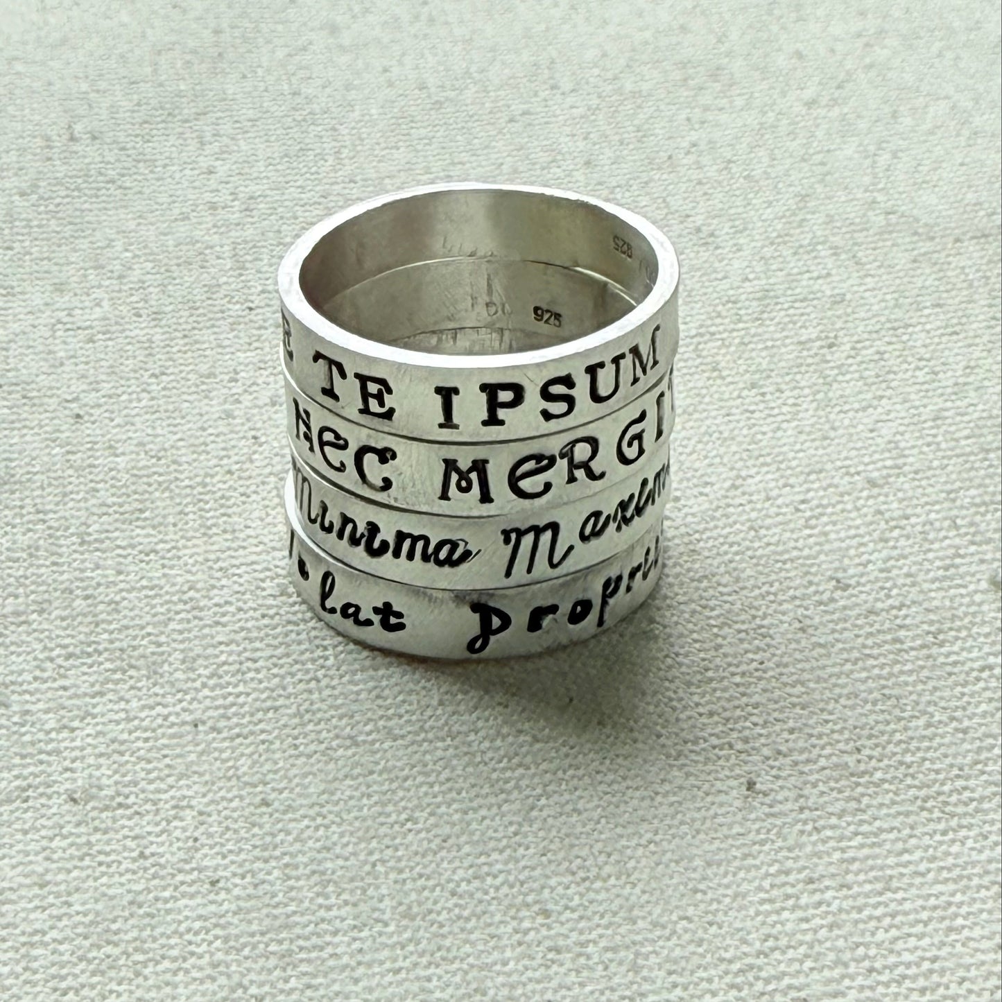 Sterling silver Poesy, Posy, Posey or Posie rings for mom with kids' names or mantra are hand stamped in font of your choice - drake designs jewelry