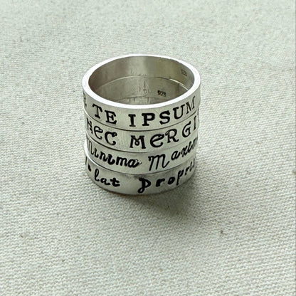 Sterling silver Poesy, Posy, Posey or Posie rings for mom with kids' names or mantra are hand stamped in font of your choice - drake designs jewelry
