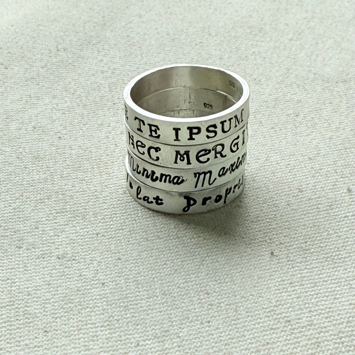 Sterling silver Poesy, Posy, Posey or Posie rings for mom with kids' names or mantra are hand stamped in font of your choice - drake designs jewelry