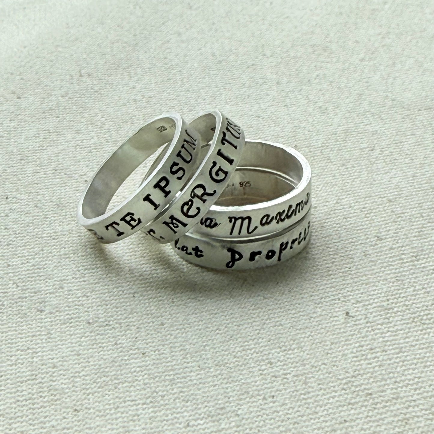 Sterling silver Poesy, Posy, Posey or Posie rings for mom with kids' names or mantra are hand stamped in font of your choice - drake designs jewelry