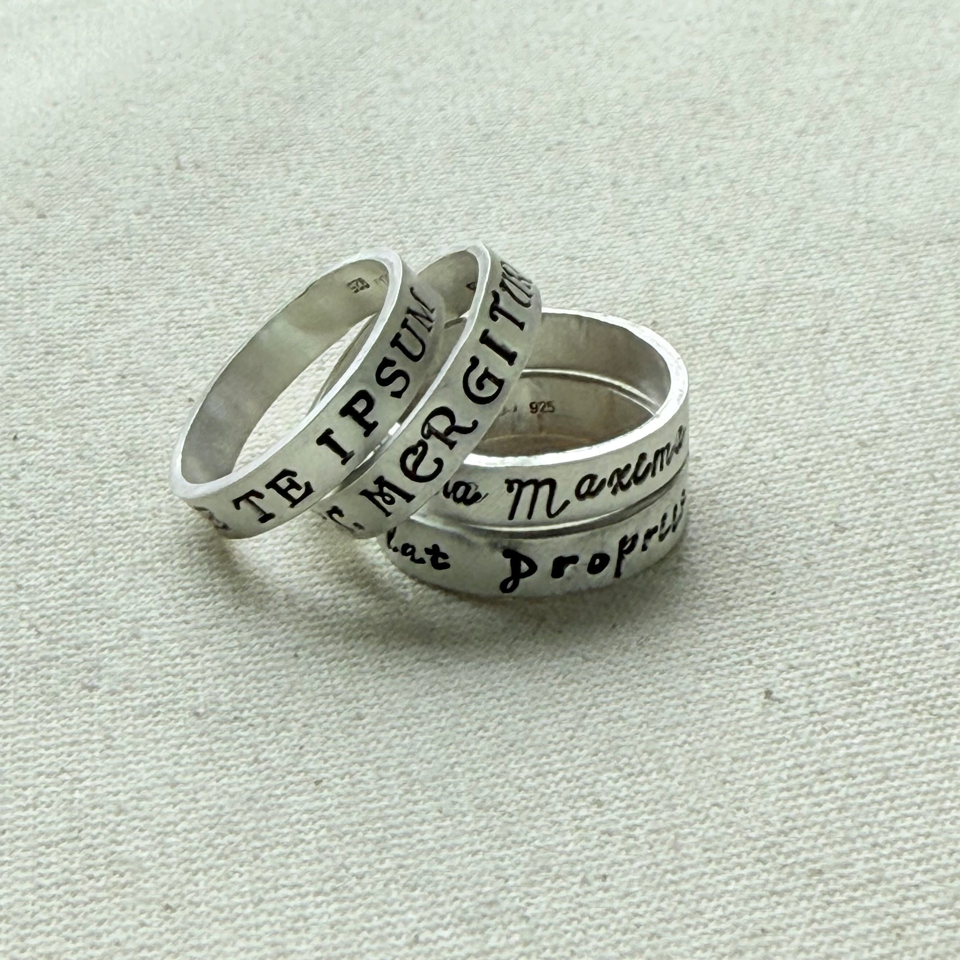 Sterling silver Poesy, Posy, Posey or Posie rings for mom with kids' names or mantra are hand stamped in font of your choice - drake designs jewelry
