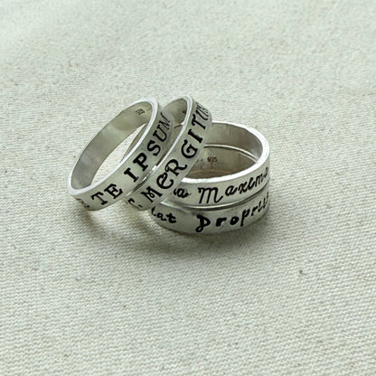 Sterling silver Poesy, Posy, Posey or Posie rings for mom with kids' names or mantra are hand stamped in font of your choice - drake designs jewelry
