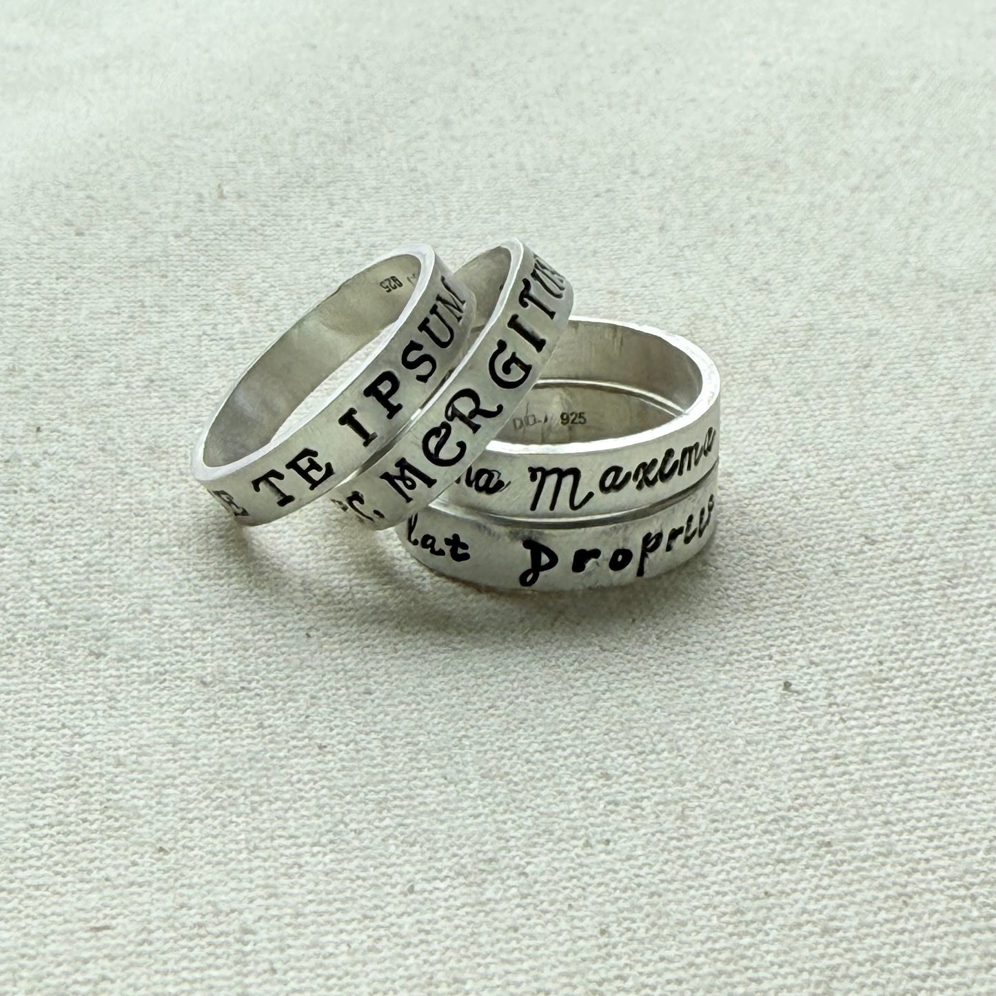 Sterling silver Poesy, Posy, Posey or Posie rings for mom with kids' names or mantra are hand stamped in font of your choice - drake designs jewelry