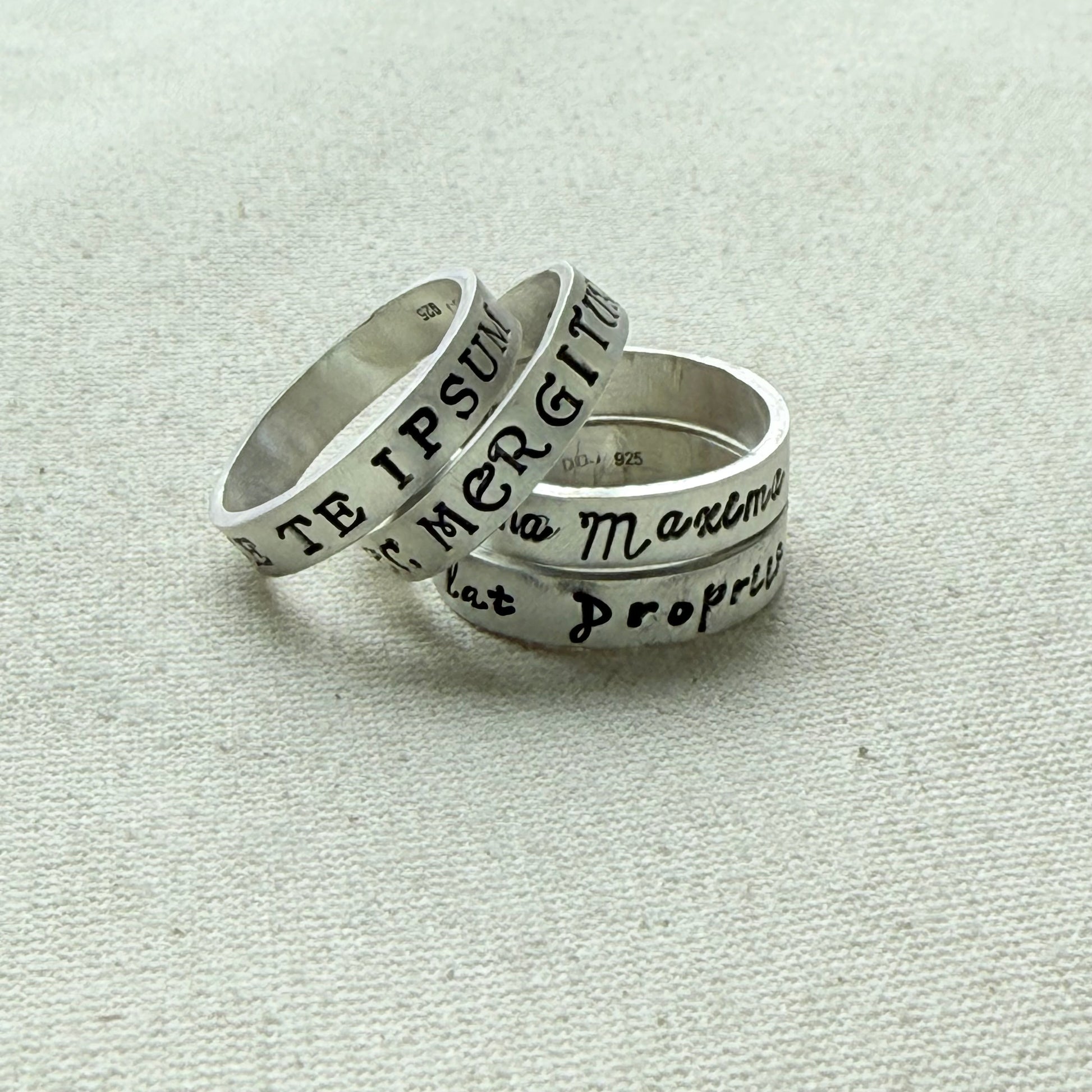 Sterling silver Poesy, Posy, Posey or Posie rings for mom with kids' names or mantra are hand stamped in font of your choice - drake designs jewelry
