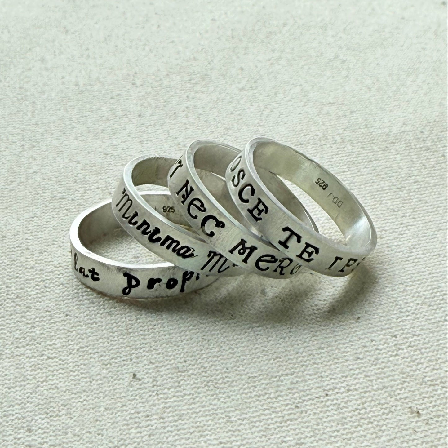 Sterling silver Poesy, Posy, Posey or Posie rings for mom with kids' names or mantra are hand stamped in font of your choice - drake designs jewelry