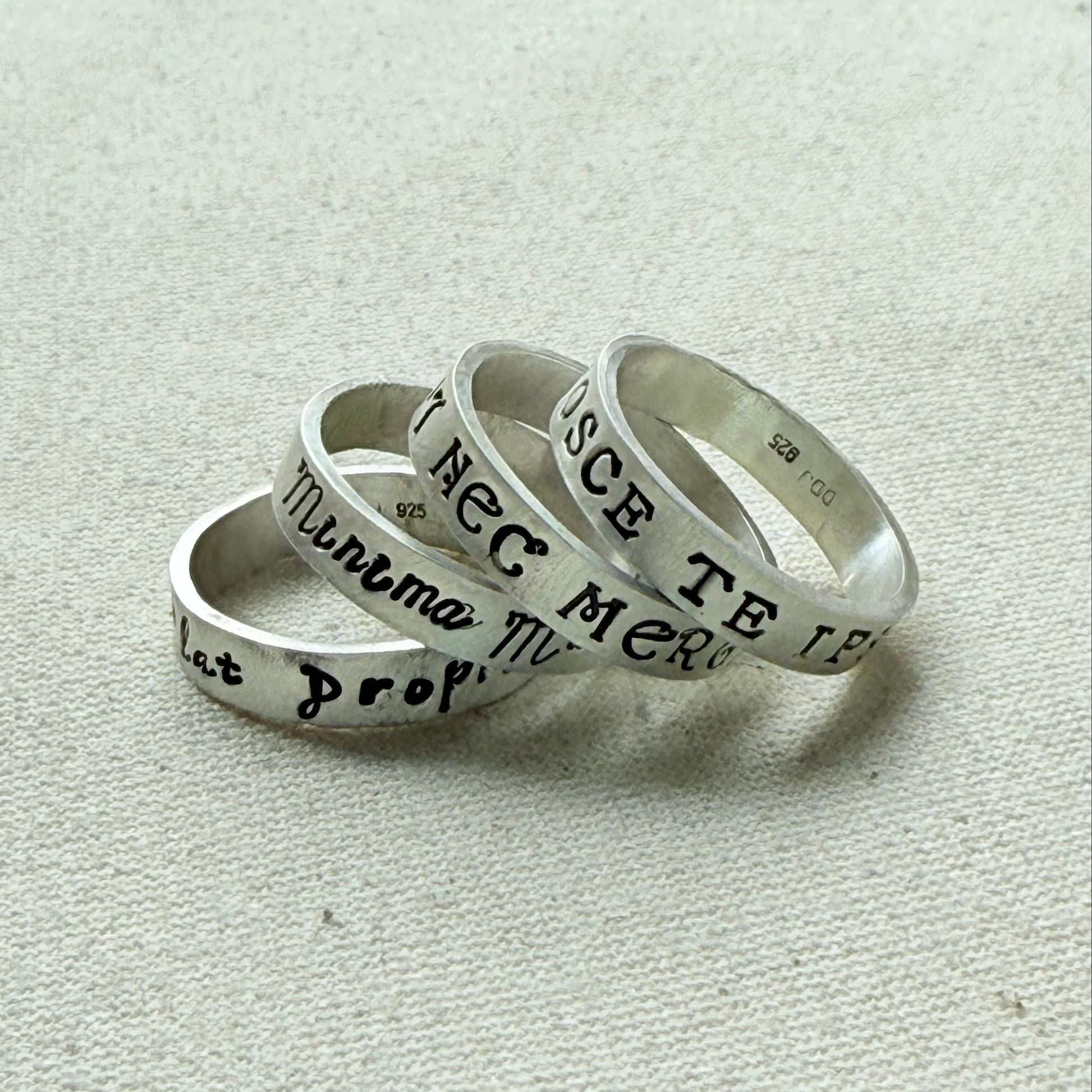 Sterling silver Poesy, Posy, Posey or Posie rings for mom with kids' names or mantra are hand stamped in font of your choice - drake designs jewelry