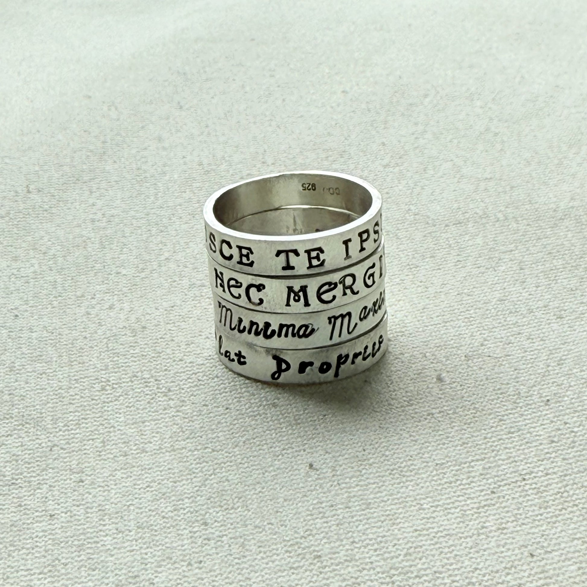 Sterling silver Poesy, Posy, Posey or Posie rings for mom with kids' names or mantra are hand stamped in font of your choice - drake designs jewelry