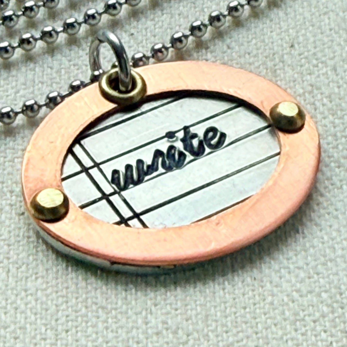 Oval Writer Jewelry - Literary Necklace with copper raised border - Gift for Author - "write" - drake designs jewelry