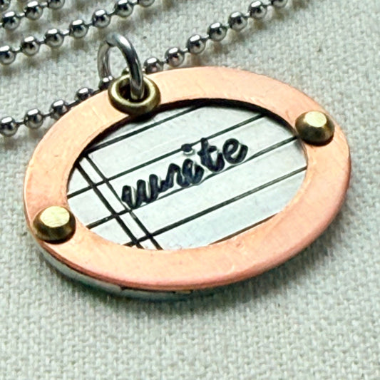 Oval Writer Jewelry - Literary Necklace with copper raised border - Gift for Author - "write" - drake designs jewelry