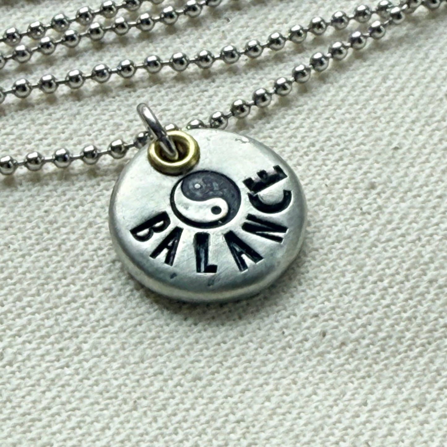 Rustic Pewter Pebble Balance Necklace with Yin Yang Symbol - Yoga Jewelry - drake designs jewelry