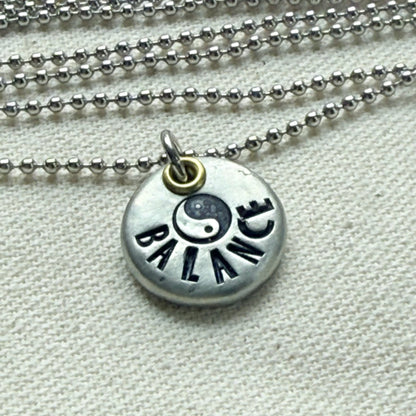 Rustic Pewter Pebble Balance Necklace with Yin Yang Symbol - Yoga Jewelry - drake designs jewelry