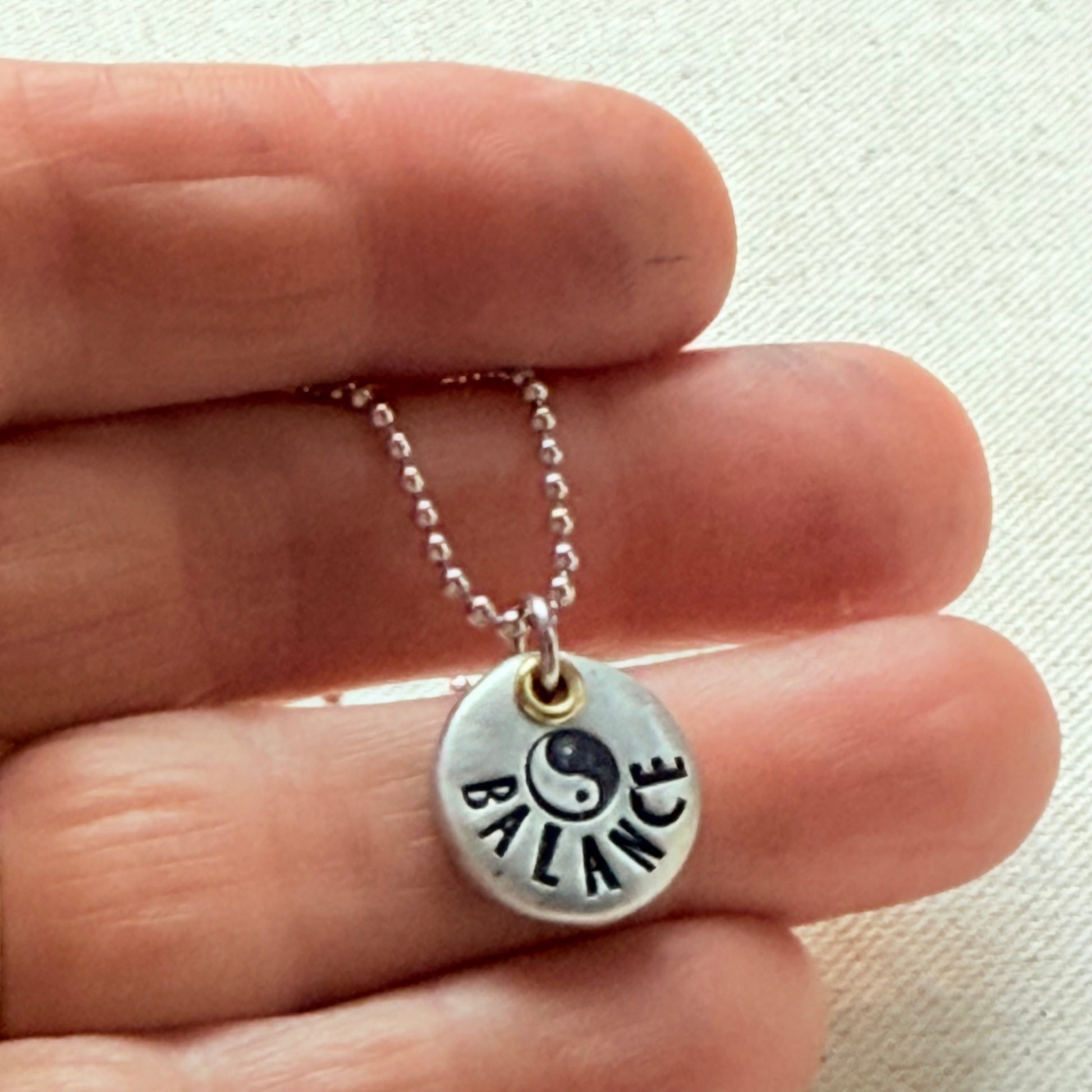 Rustic Pewter Pebble Balance Necklace with Yin Yang Symbol - Yoga Jewelry - drake designs jewelry