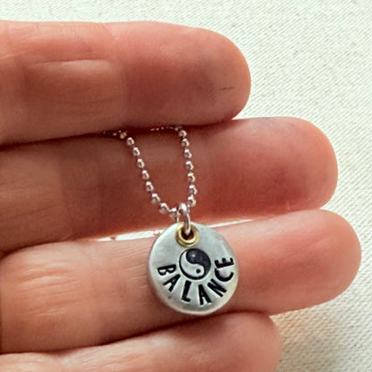 Rustic Pewter Pebble Balance Necklace with Yin Yang Symbol - Yoga Jewelry - drake designs jewelry