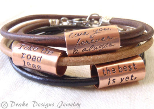 Personalized copper anniversary gift - Custom Text copper and leather bracelet with your choice of leather color options - drake designs jewelry