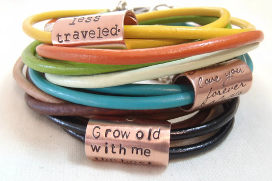 Personalized copper anniversary gift - Custom Text copper and leather bracelet with your choice of leather color options including yellow, turquoise, black, brown, green and orange - drake designs jewelry