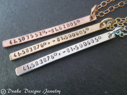 Personalized Coordinates Skinny Vertical Bar Necklace 14k Gold Fill - drake designs jewelry