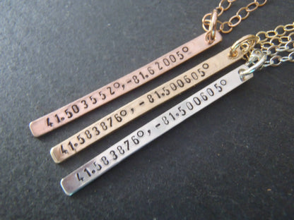 Personalized Coordinates Skinny Vertical Bar Necklace 14k Gold Fill - drake designs jewelry