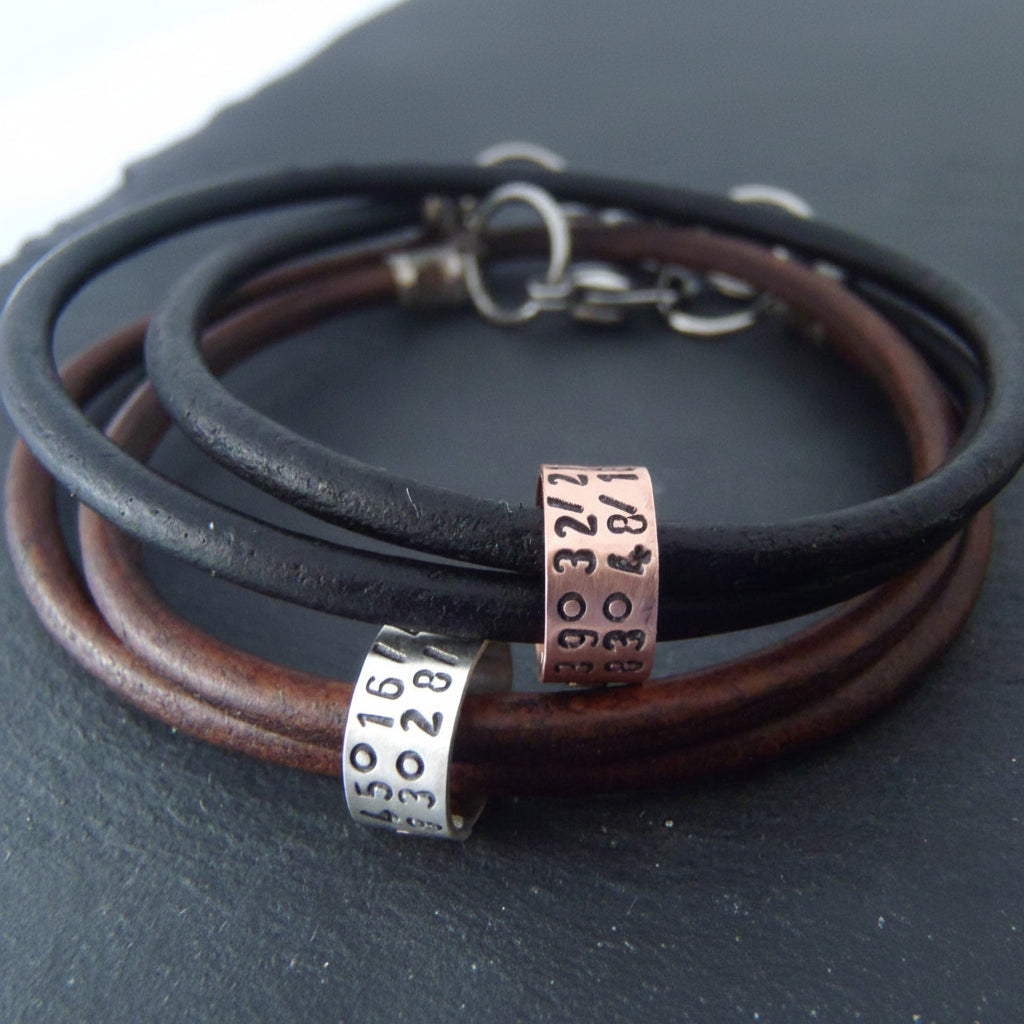 Personalized Leather Bracelet for Men or Women with Custom Coordinates Sterling Silver OR Copper Charms - drake designs jewelry