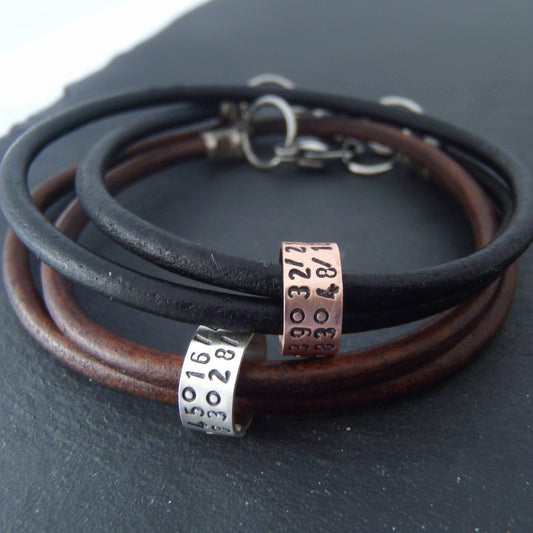 Personalized Leather Bracelet for Men or Women with Custom Coordinates Sterling Silver OR Copper Charms - drake designs jewelry