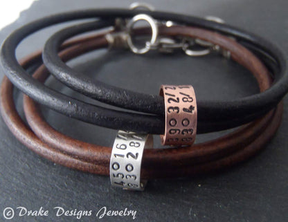 Personalized Leather Bracelet for Men or Women with Custom Coordinates Sterling Silver OR Copper Charms - drake designs jewelry