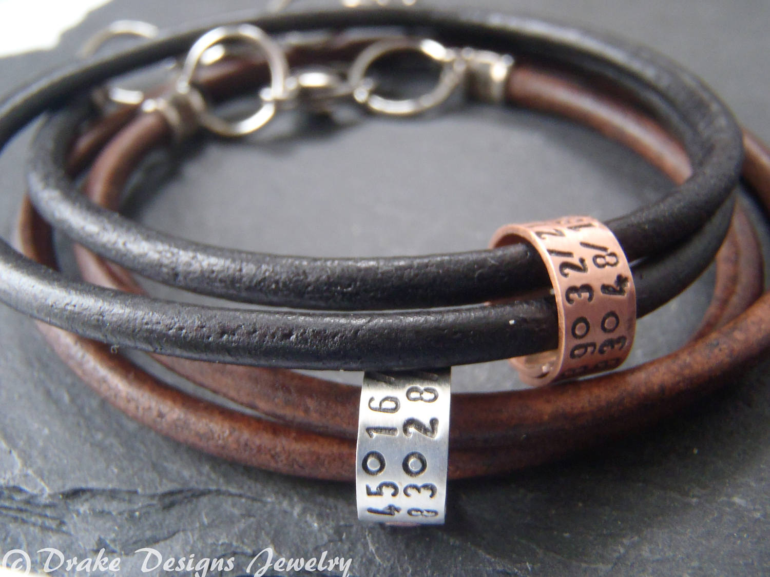 Personalized Leather Bracelet for Men or Women with Custom Coordinates Sterling Silver OR Copper Charms - drake designs jewelry